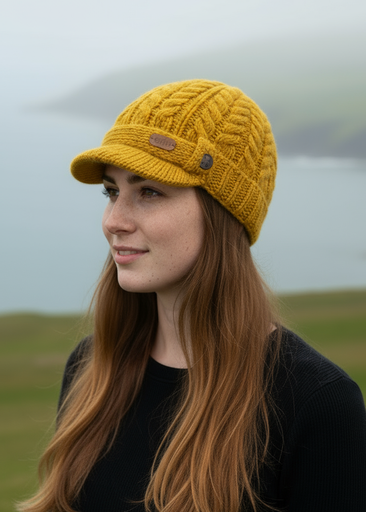 Erin Aran Cable Peak Hat | Sunflower