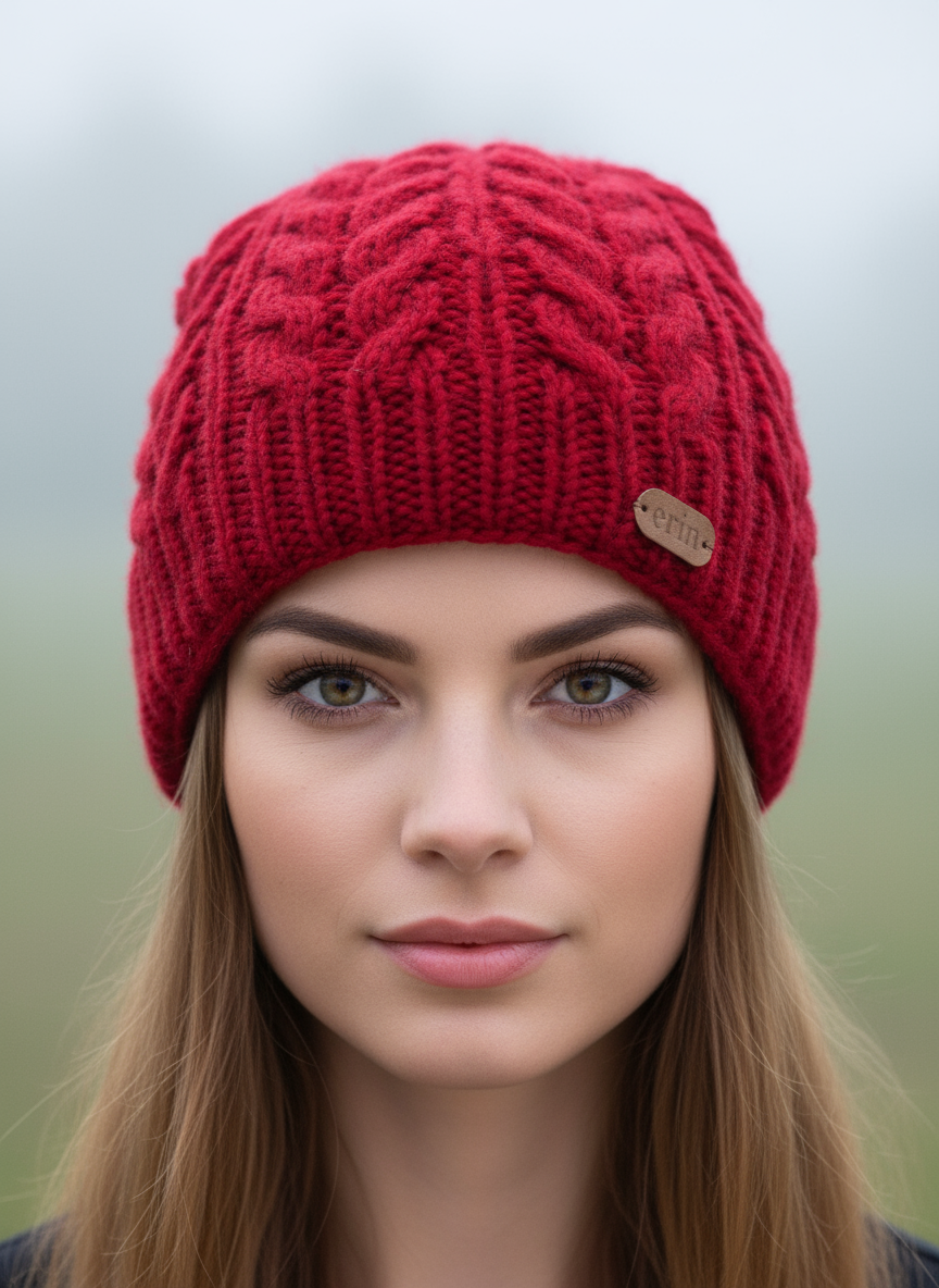 Erin Aran Cable Pullon Hat | Red