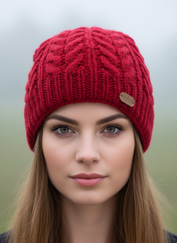 Erin Aran Cable Pullon Hat | Red