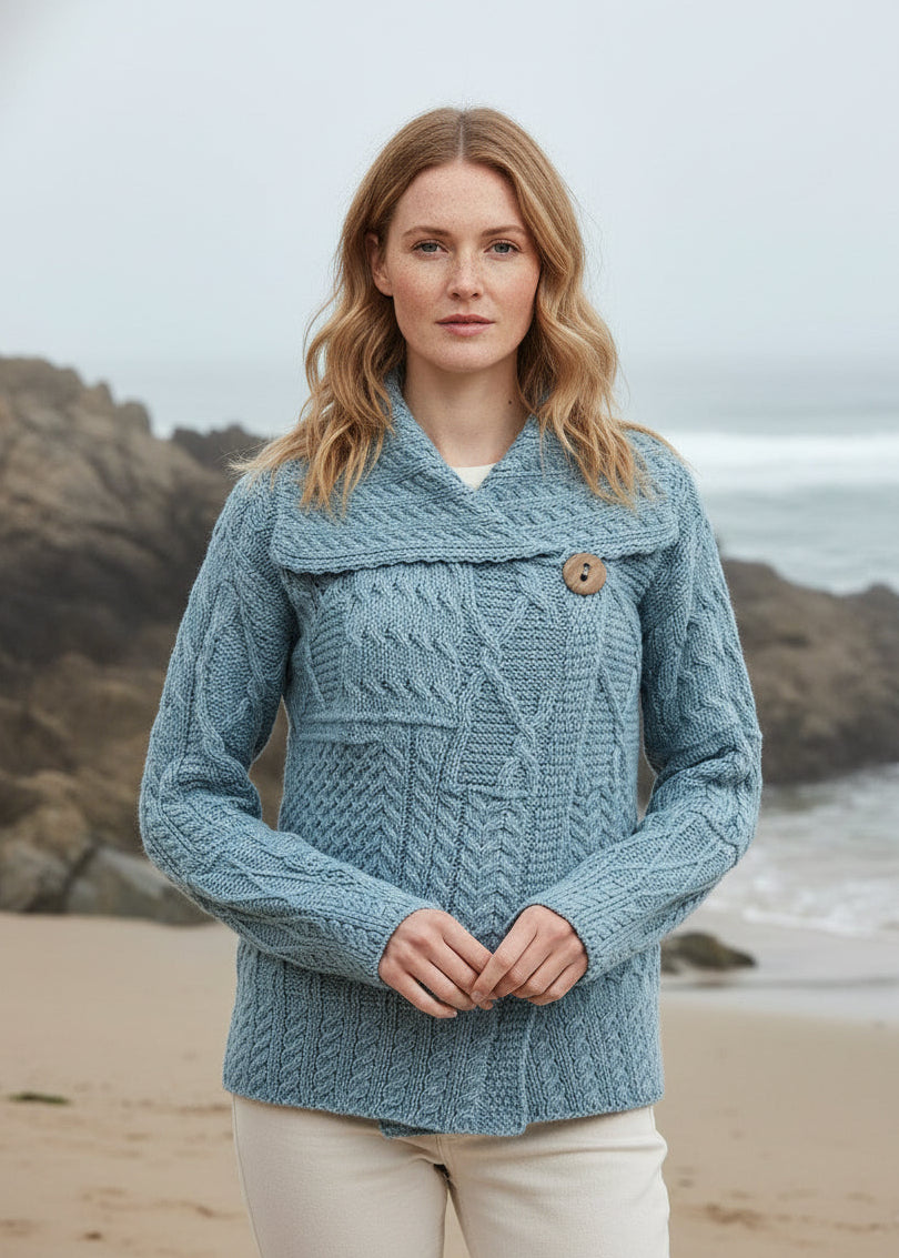 Patchwork Ladies Aran Cardigan | Mist Marl