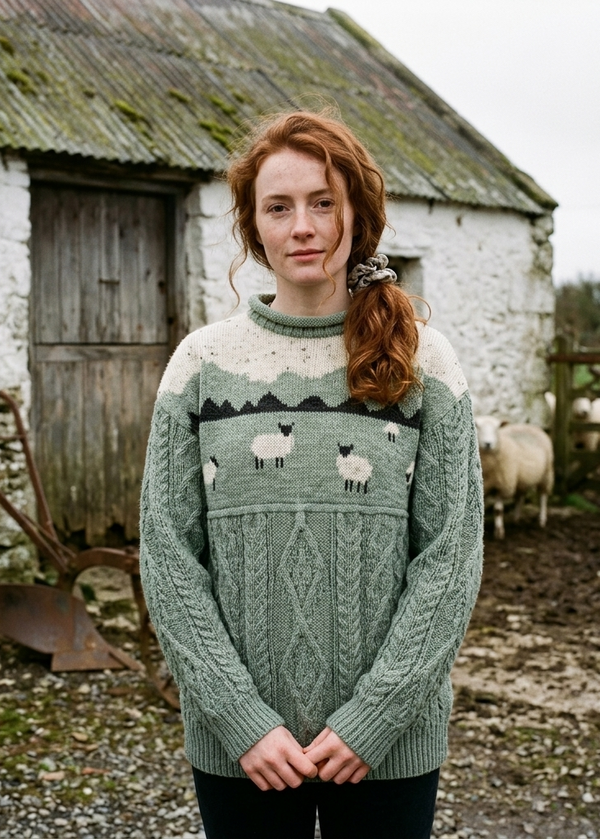 Pure Wool Sheep Aran Sweater | Sage Green