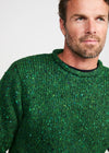 Donegal Roll Neck Fisherman Sweater - Green Fleck | 100% Wool