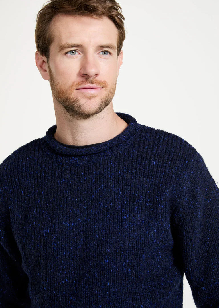 Men's Raheen Tweed Roll Neck Sweater - Navy Fleck | 100% Pure New Wool