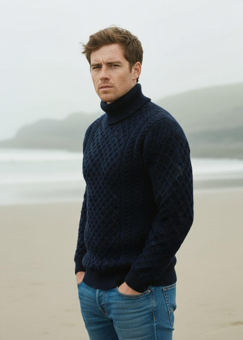 Aran Merino Polo Neck Sweater | Navy