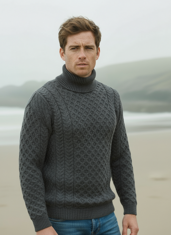 Aran Merino Polo Neck Sweater | Charcoal
