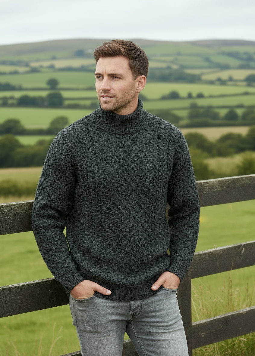 Aran Merino Polo Neck Sweater | Charcoal