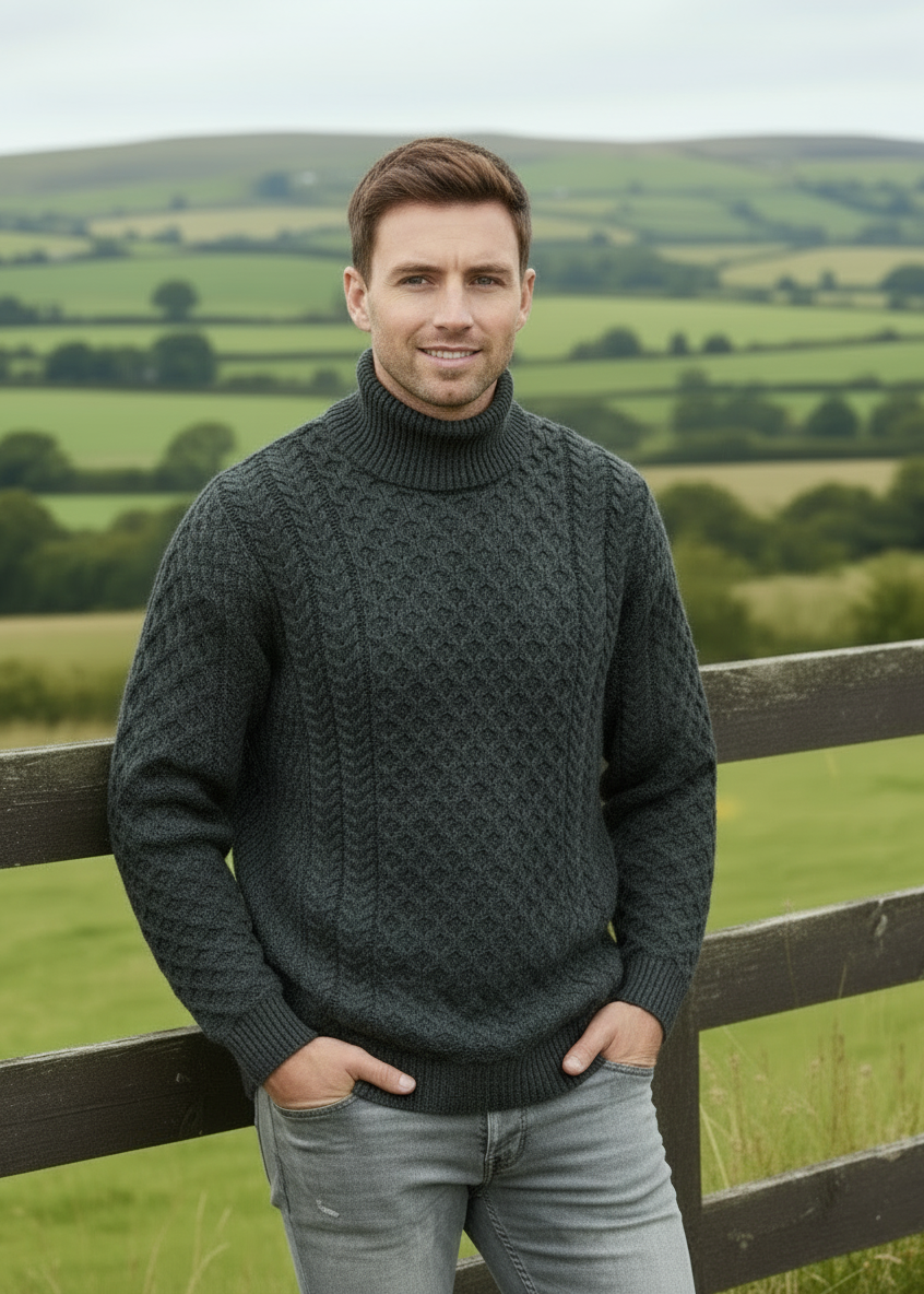 Aran Merino Polo Neck Sweater | Charcoal