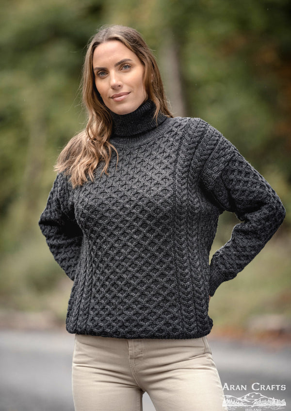 Aran Merino Polo Neck Charcoal Unisex Sweater
