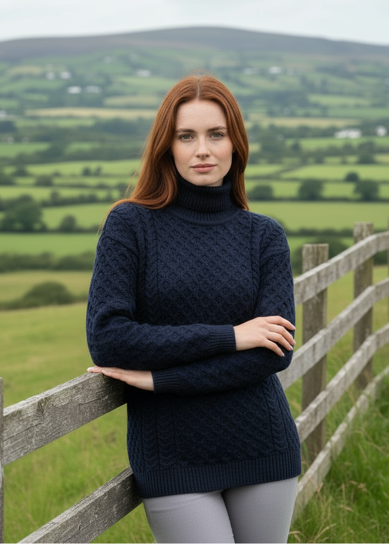 Aran Merino Polo Neck Sweater | Navy