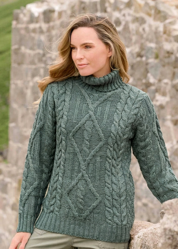 Irish Aran Turtleneck Sweater - 100% Merino Wool | Tundra Green