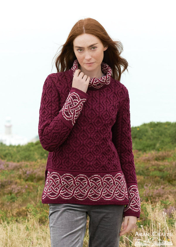 Aran Women's Celtic Design Sweater | Wine