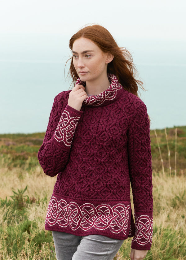 Aran Women's Celtic Design Sweater | Wine