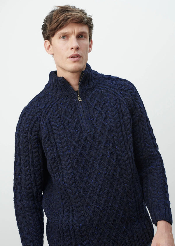 Aran Mens Zip Sweater - Navy Fleck | 100% Pure New Wool