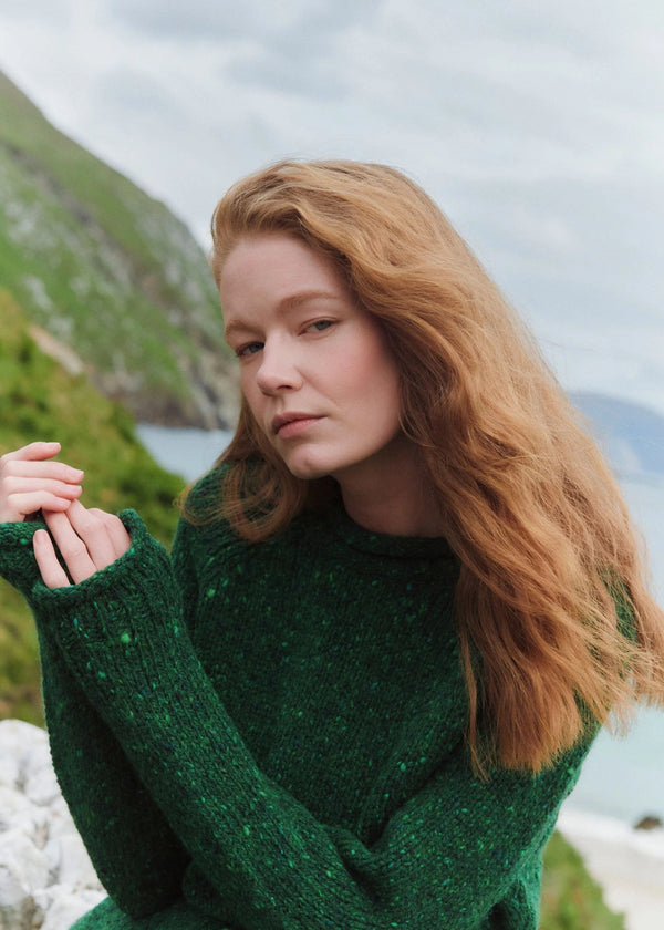 Ladies Donegal Roll Neck Sweater - Valley Green | 100% Wool Knitwear