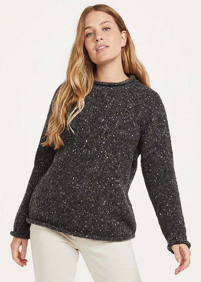 Women's Donegal Roll Neck Sweater - Charcoal | 100% Wool Knitwear