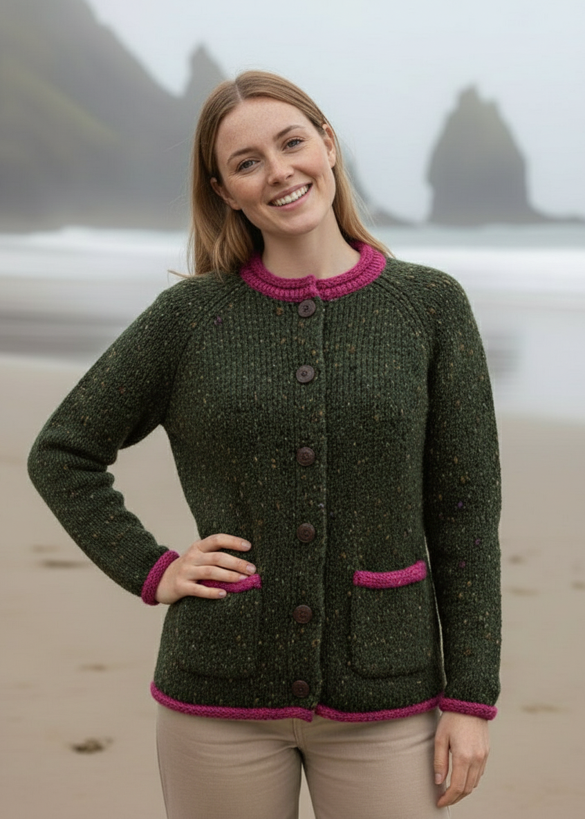 Donegal Ladies' Raglan Cardigan | Green Pink