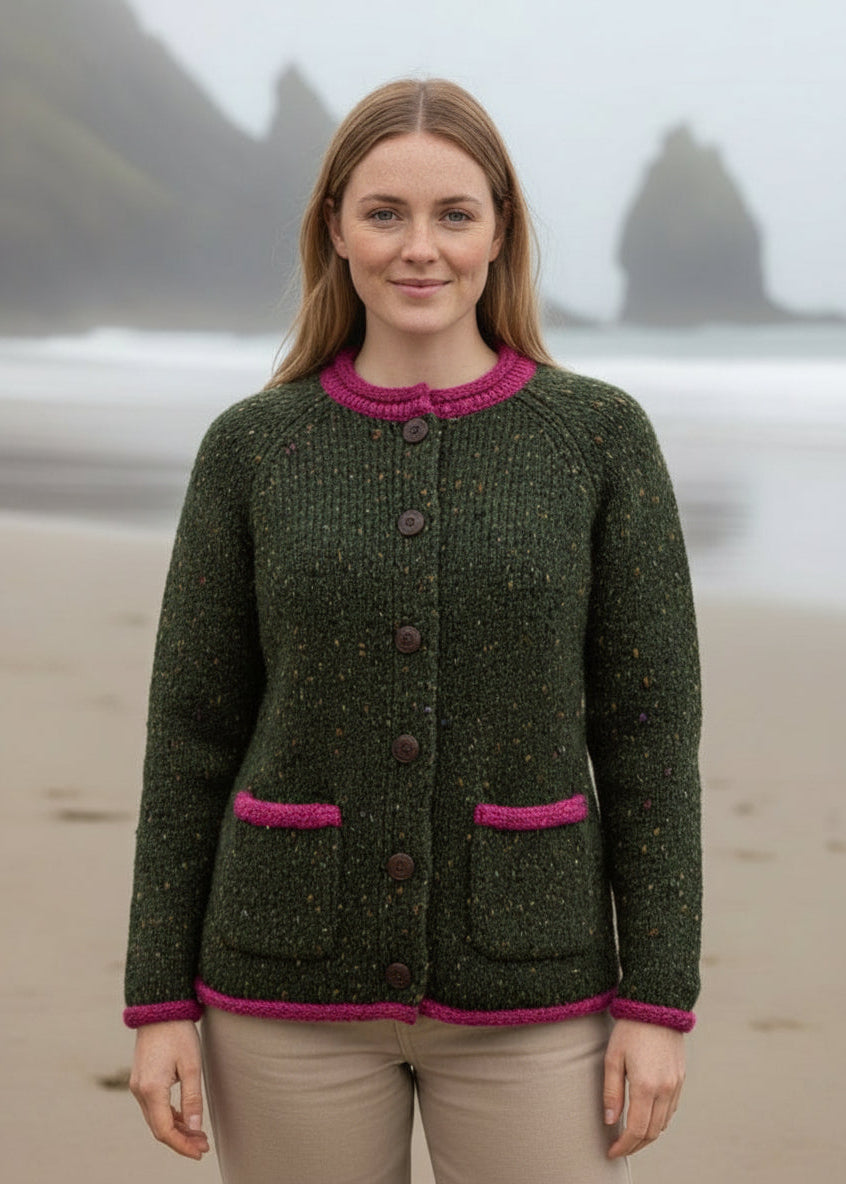 Donegal Ladies' Raglan Cardigan | Green Pink