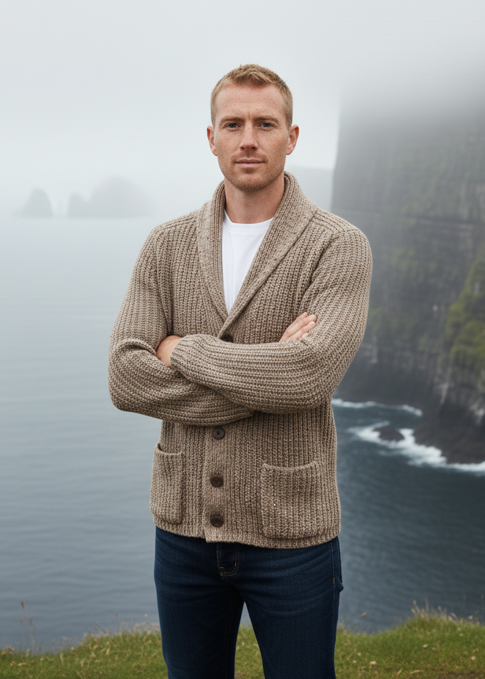 Men's Fisherman Rib Shawl Cardigan | Brown