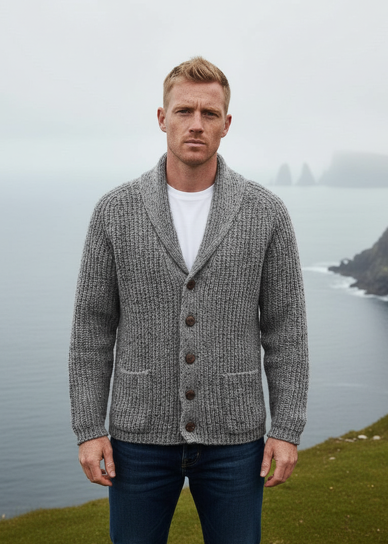 Men's Fisherman Rib Shawl Cardigan | Grey