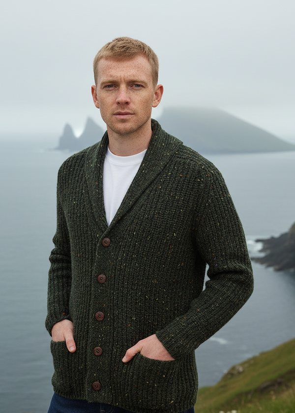 Men's Fisherman Rib Shawl Cardigan | Green