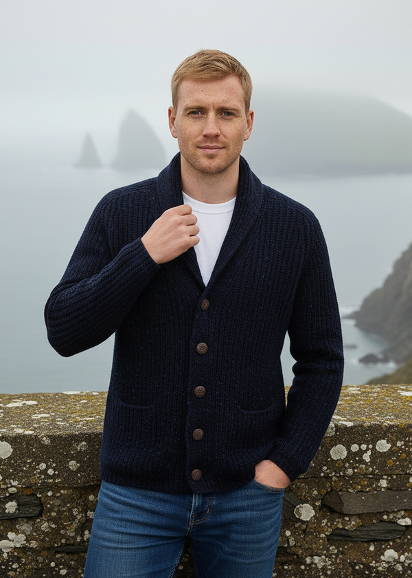Men's Fisherman Rib Shawl Cardigan | Navy