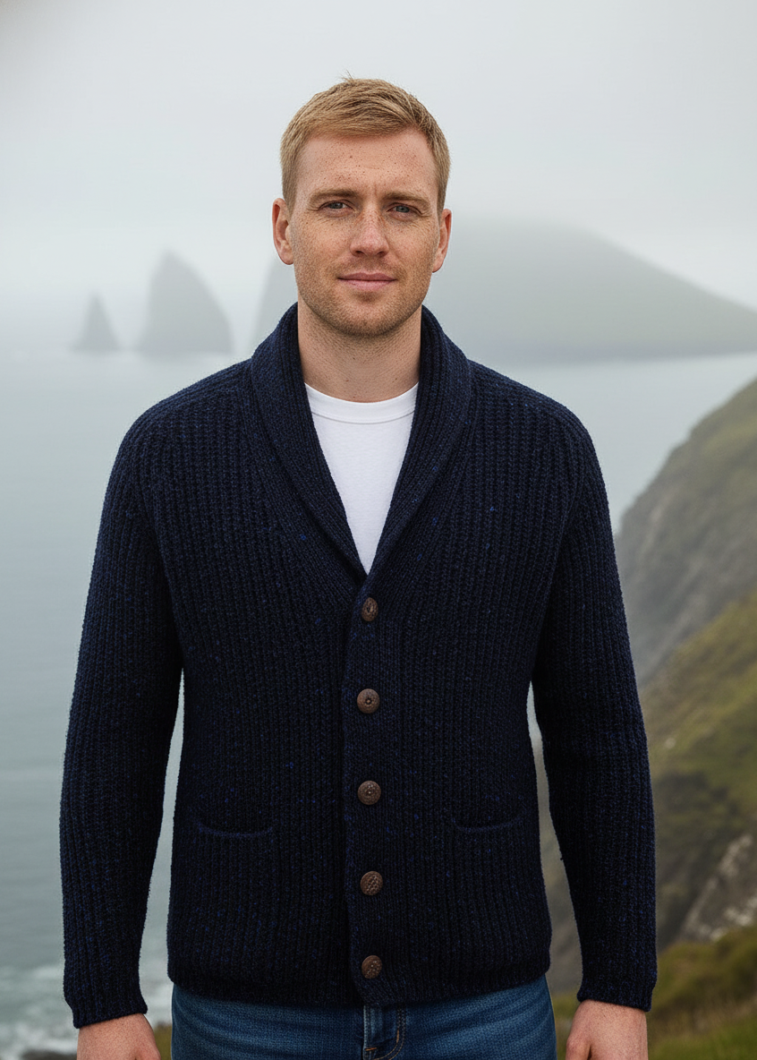 Men's Fisherman Rib Shawl Cardigan | Navy