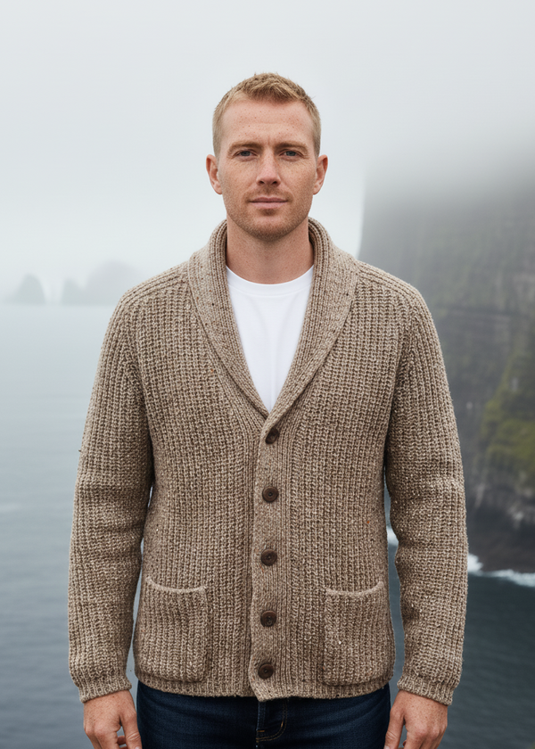 Men's Fisherman Rib Shawl Cardigan | Brown