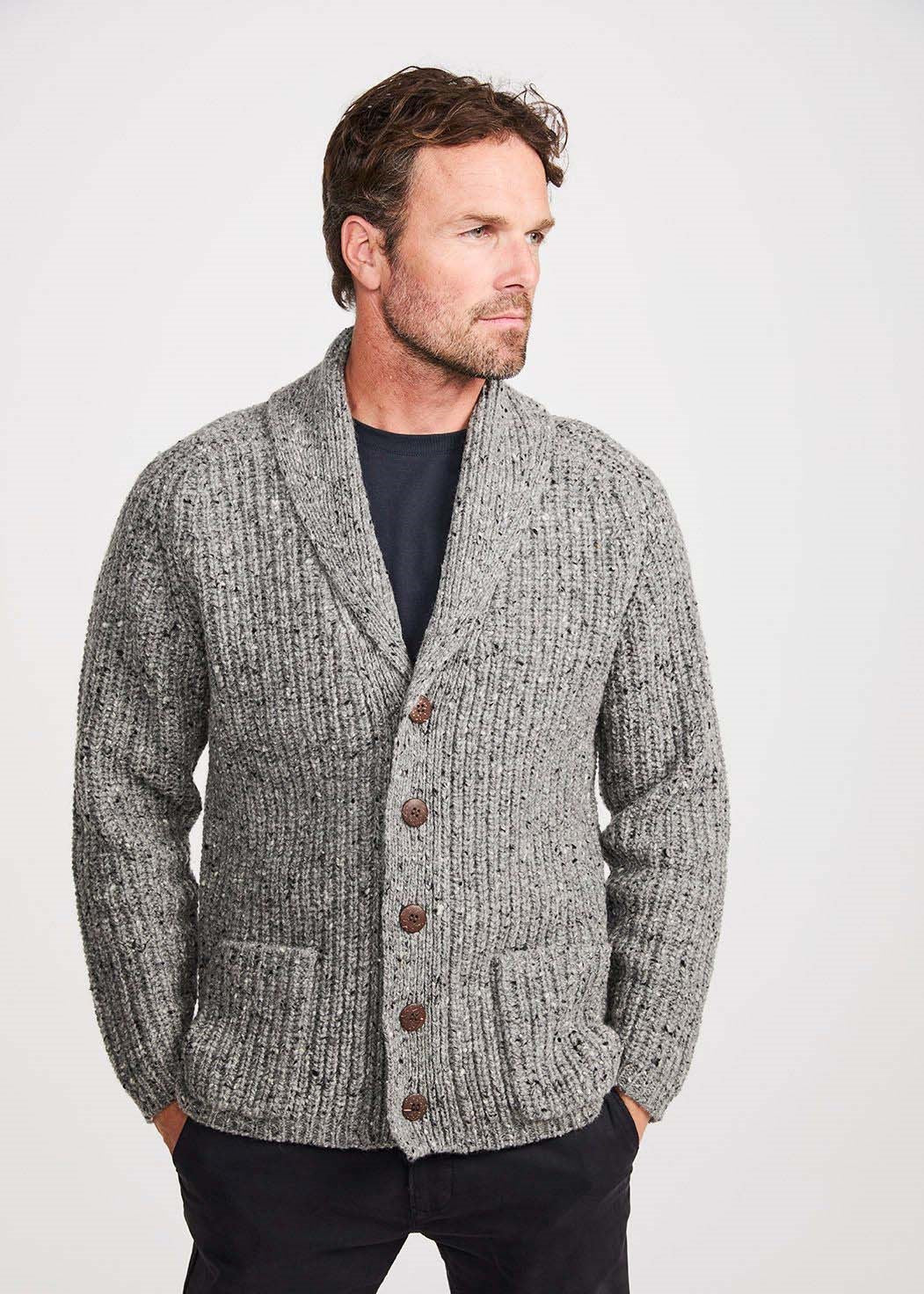 Aran Men's Fisherman Shawl Cardigan | Grey