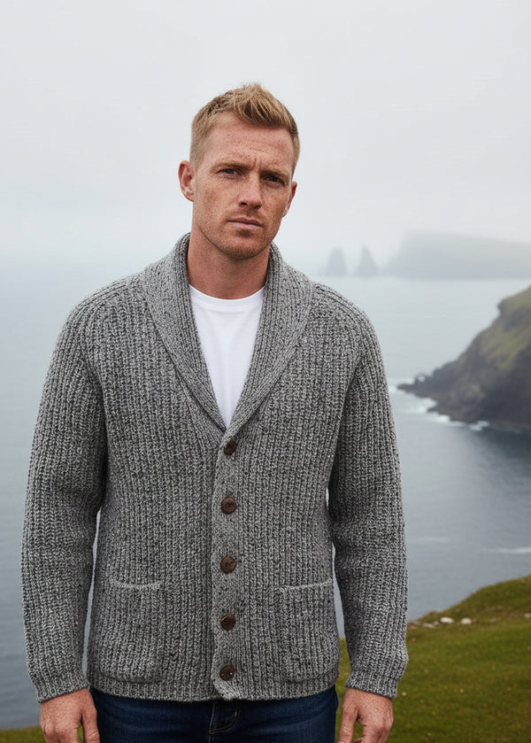 Aran Men's Fisherman Shawl Cardigan | Grey