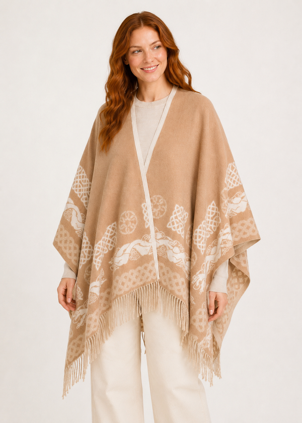 Aran 100% Wool Reversible Celtic Shawl | Natural