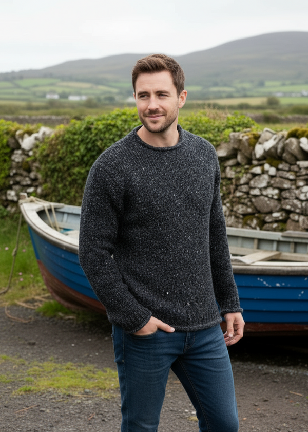 Raheen Tweed Roll Neck Mens Sweater | Charcoal