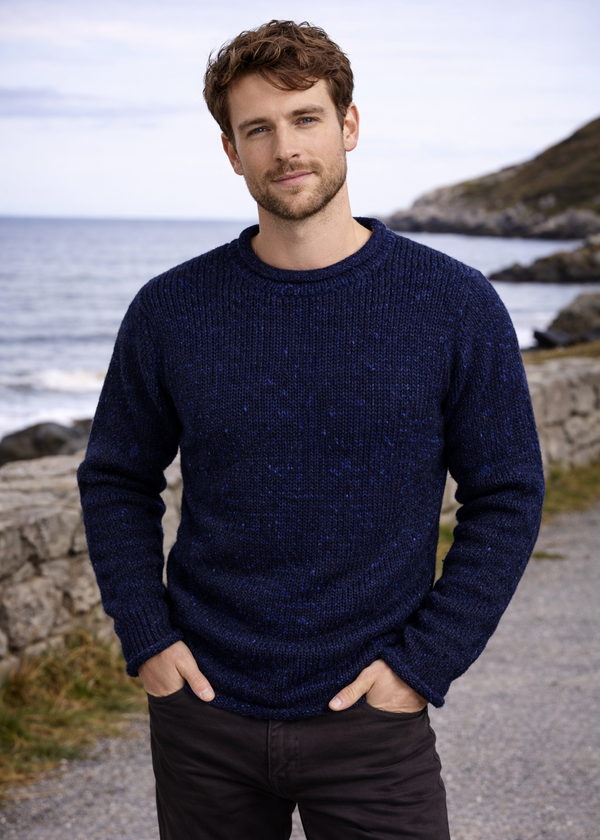 Men's Raheen Tweed Roll Neck Sweater - Navy Fleck | 100% Pure New Wool