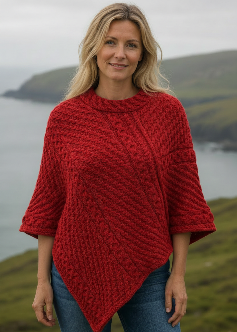 Aran Merino Wool Cowl Poncho | Red | Premium Heritage Knitwear
