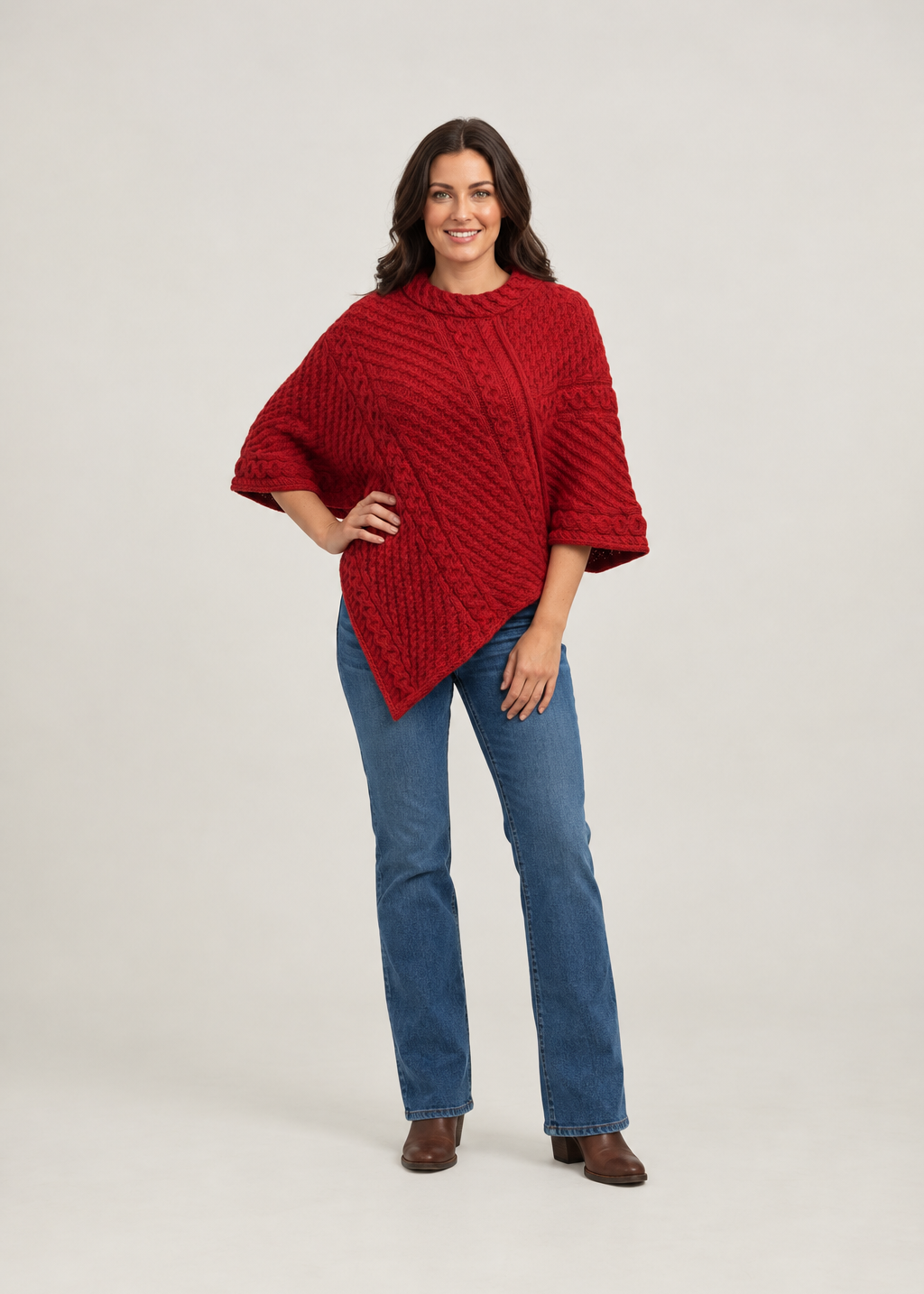 Aran Merino Wool Cowl Poncho | Red | Premium Heritage Knitwear