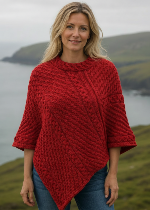 Aran Merino Wool Cowl Poncho | Red | Premium Heritage Knitwear