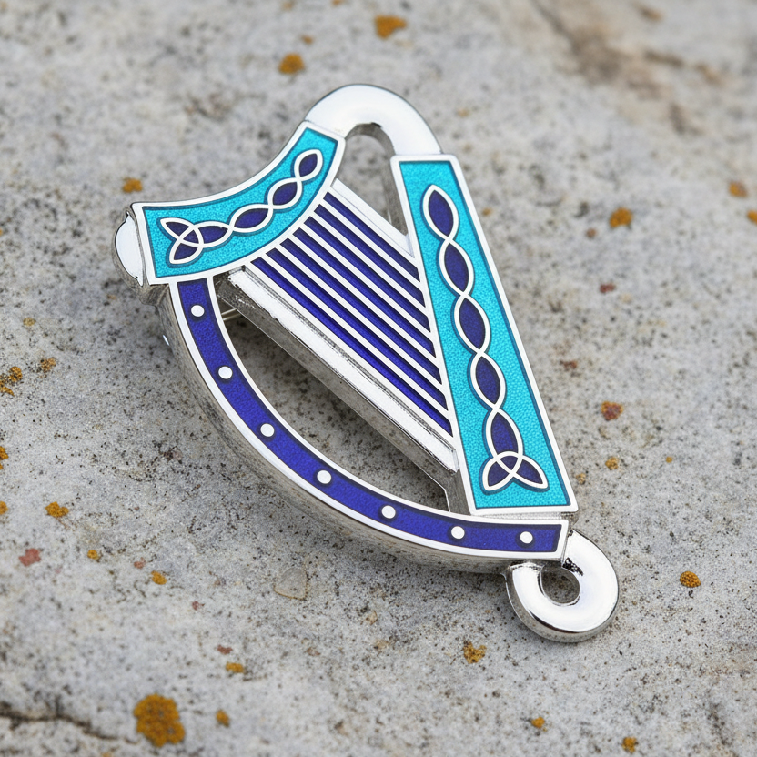 Rhodium Book Of Kells Blue Enamel Harp Brooch