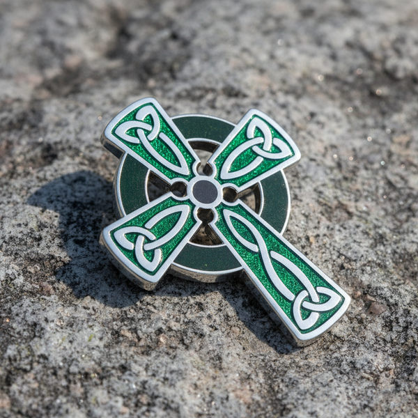 Rhodium BOK Green Enamel Celtic Cross Brooch