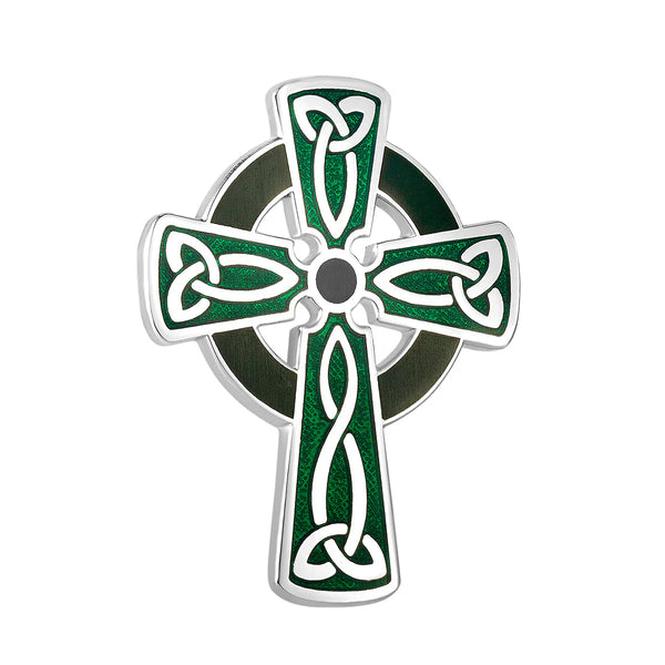 Rhodium BOK Green Enamel Celtic Cross Brooch
