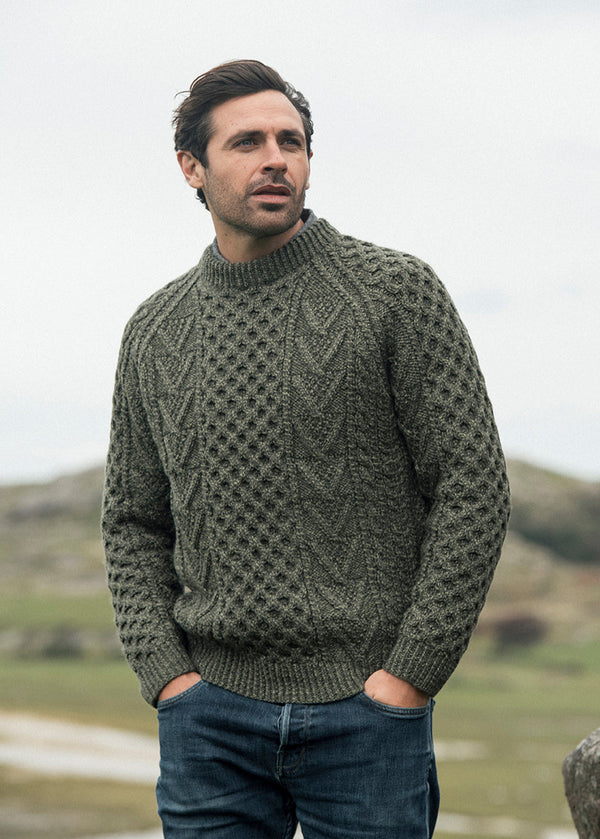 Aran Handknit Crew Neck Sweater | Green