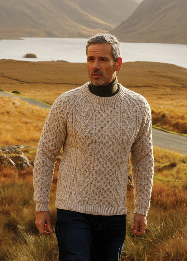 Aran Handknit Crew Neck Sweater Oatmeal