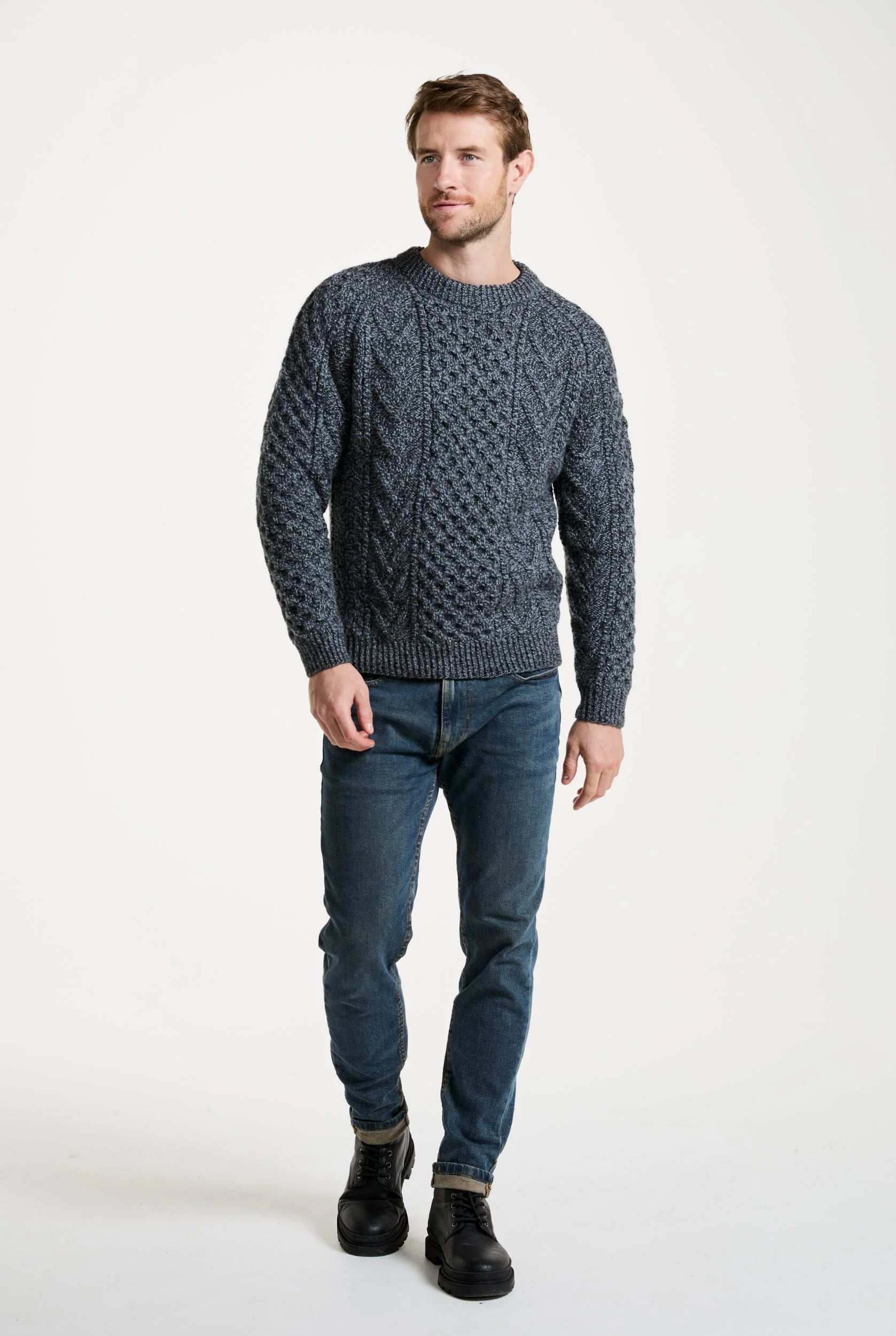 Aran Handknit Crew Neck Sweater | Silver