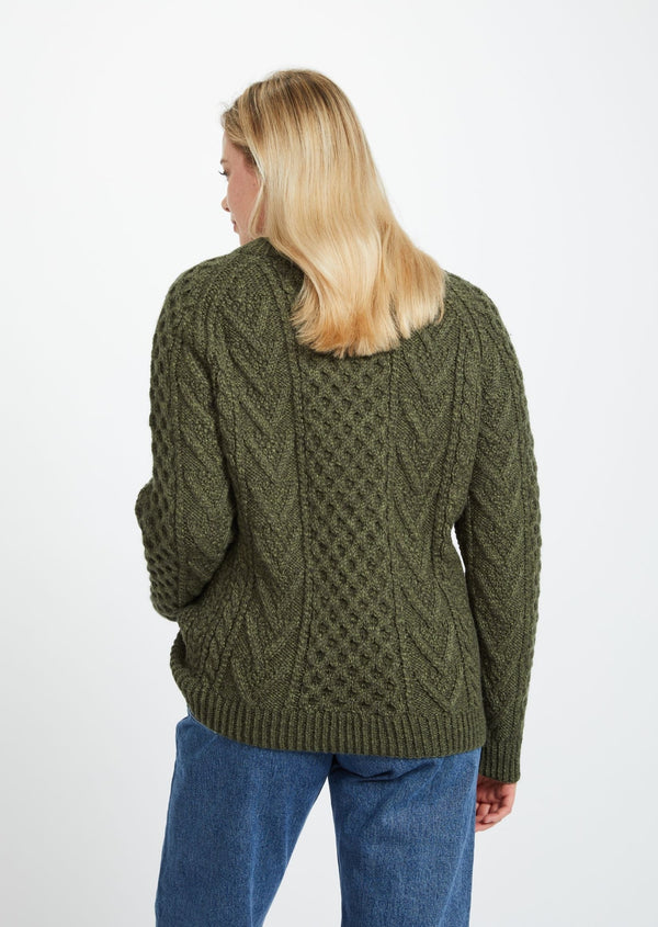 Aran Handknit Crew Neck Sweater - Green