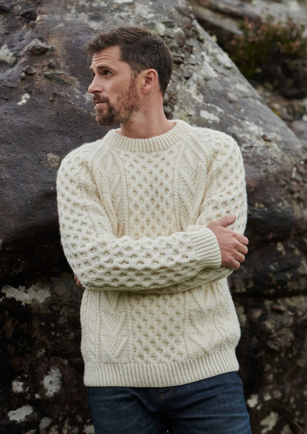 Aran Handknit Crew Neck Sweater - Natural