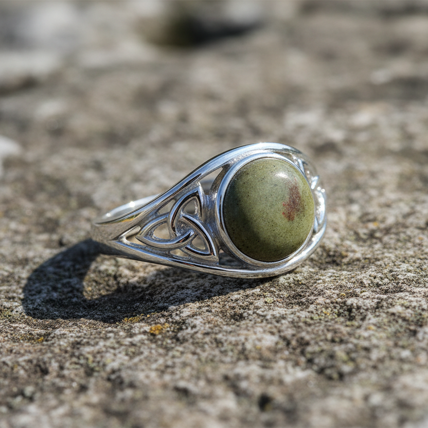 Bague en marbre du Connemara avec nœud celtique de la Trinité