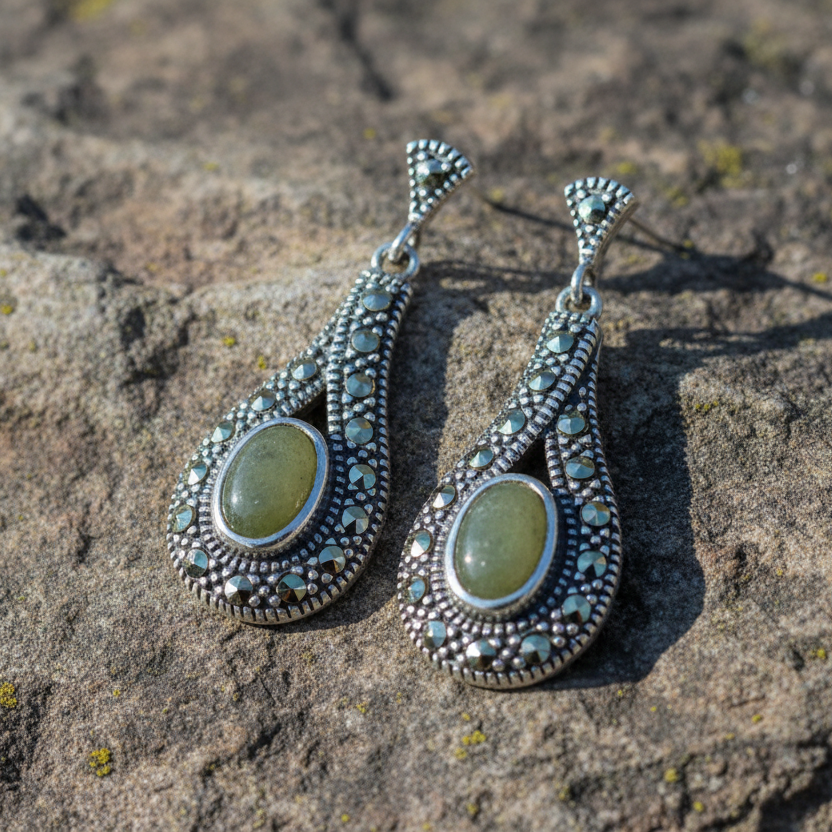 Silver Marble & Marcasite Celtic Earrings