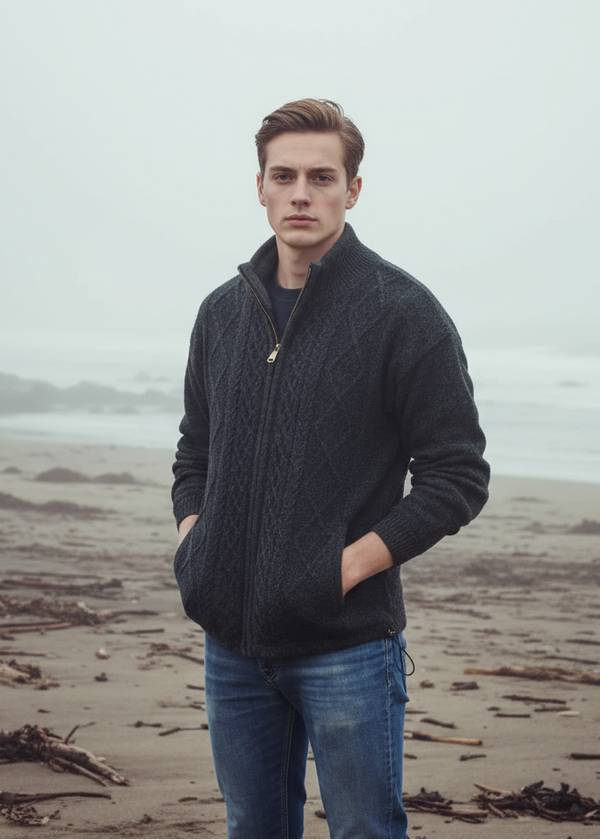 Mens Lined Wool Aran Cardigan | Charcoal