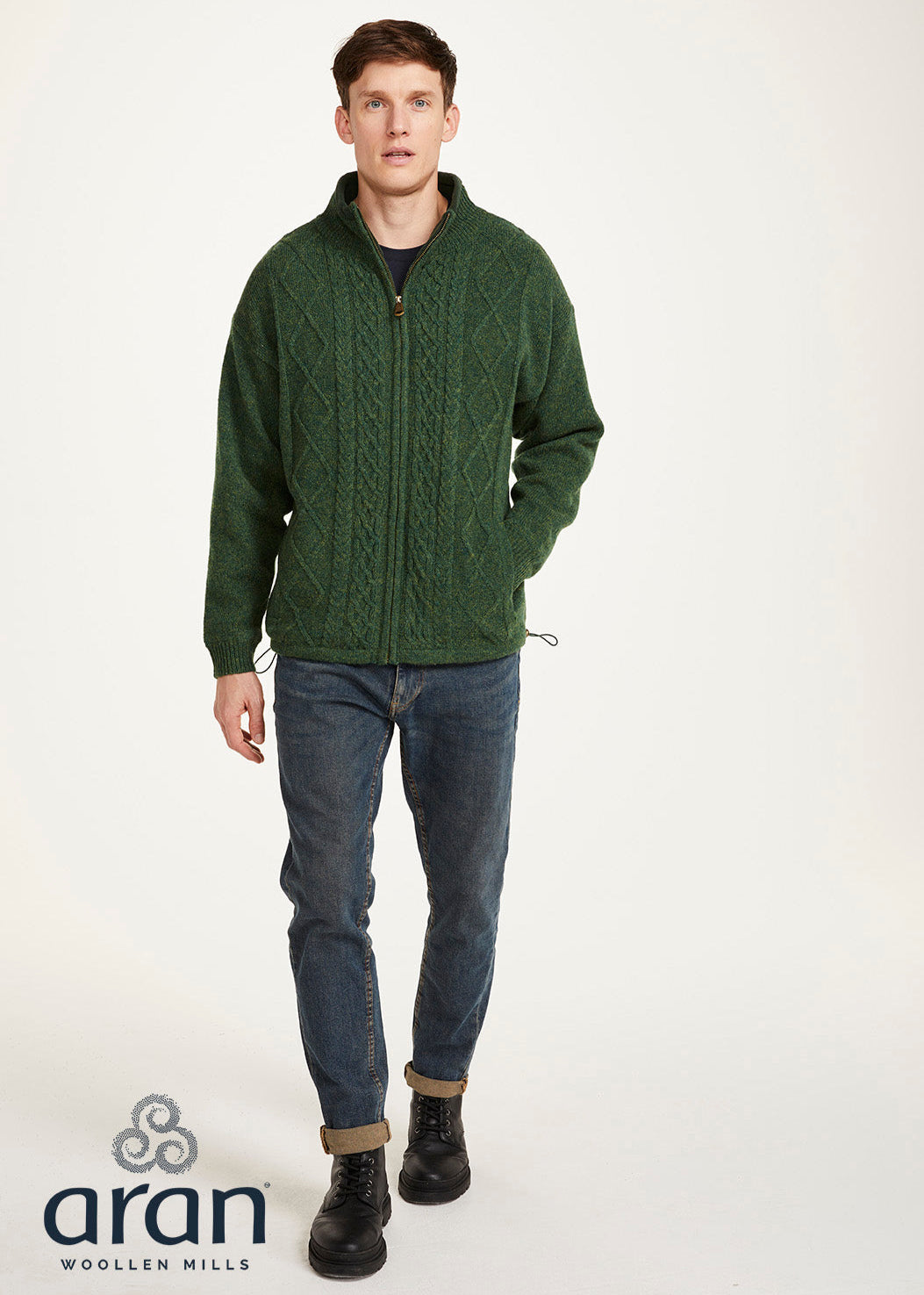 Mens Lined Wool Aran Cardigan | Green