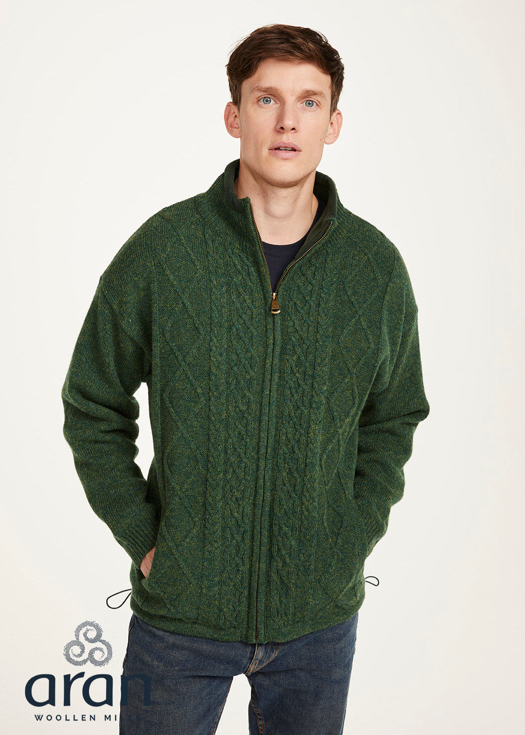 Mens Lined Wool Aran Cardigan | Green