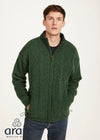 Mens Lined Wool Aran Cardigan | Green