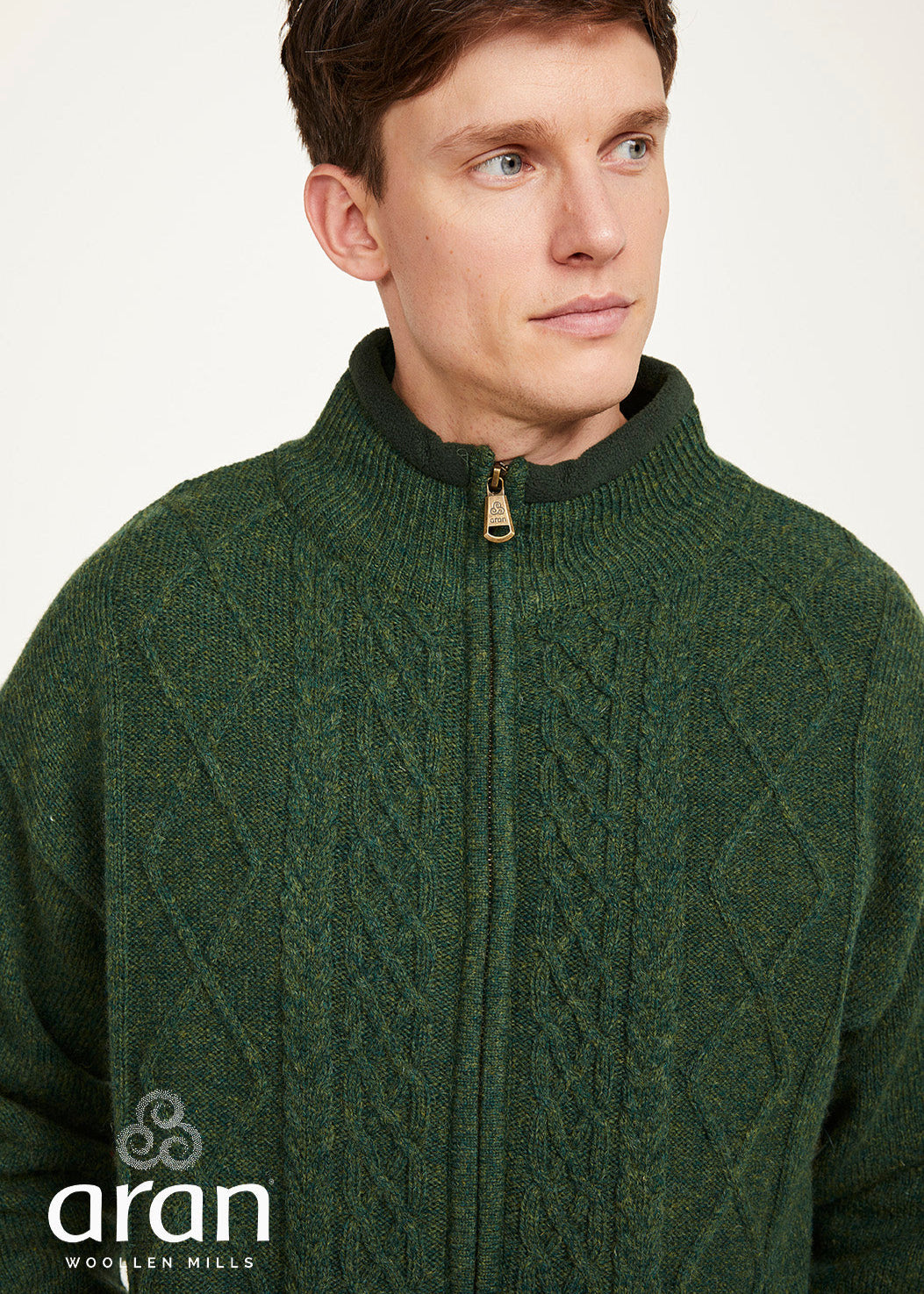 Mens Lined Wool Aran Cardigan | Green